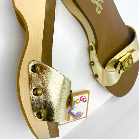 NWT Flogg Melanie Sandals Gold Leather Wooden Platform Retro Slides Y2K Size 7.5 - Picture 3 of 9